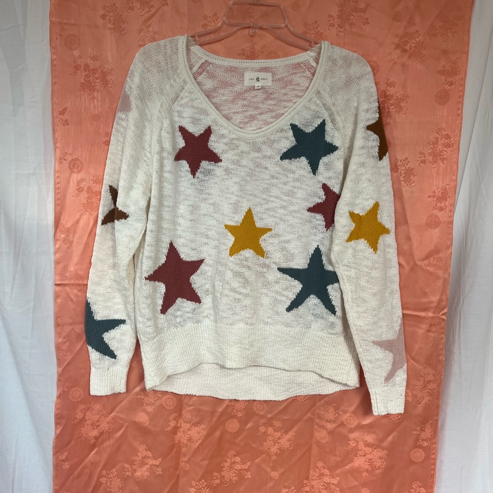 Lou & Grey Multi Color Star Print Cream Knit Sweater Oversized Small